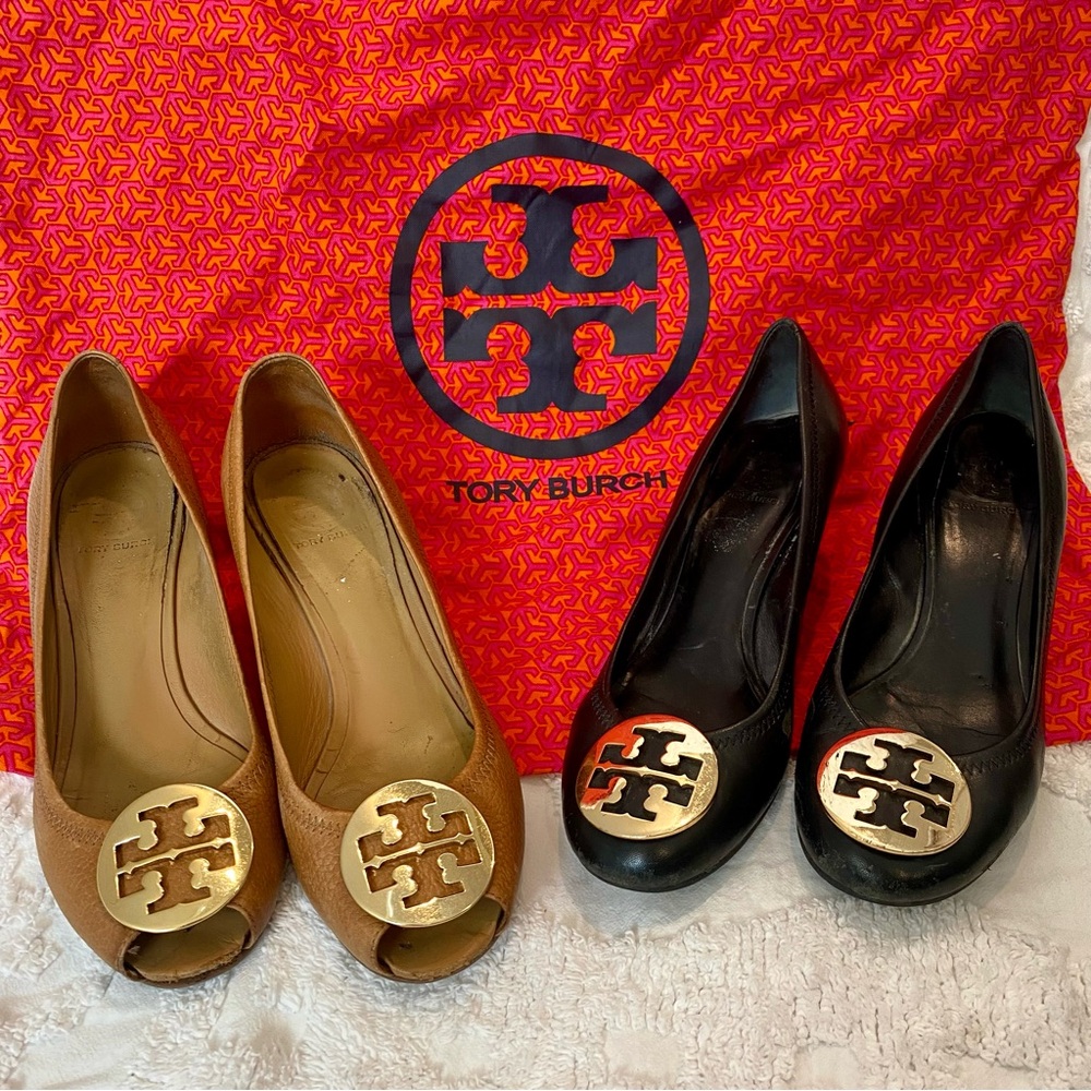 Tory Burch Tan and Black Peep Toe Flats